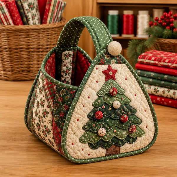 3D Quilted Holiday Carry Basket – Reusable Christmas Gift & Craft Tote