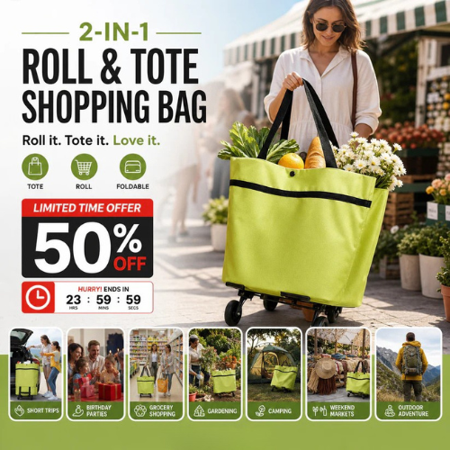 2-in-1 Foldable Shopping Trolley Tote with Wheels