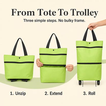 2-in-1 Foldable Shopping Trolley Tote with Wheels