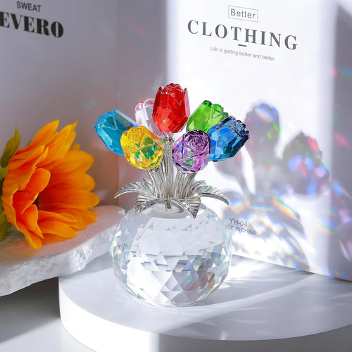 🔥Last day 50% OFF🔥-🌹Crystal Colorful Rose Flower Collectible Figurine with Vase