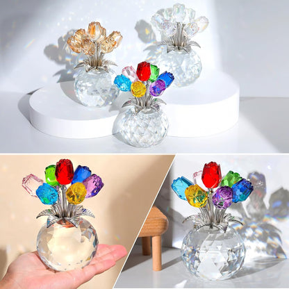 🔥Last day 50% OFF🔥-🌹Crystal Colorful Rose Flower Collectible Figurine with Vase
