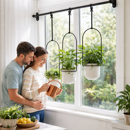 🌿Adjustable Hanging Window Planter Set – Metal Rod Plant Hanger with 3 Pots for Indoor & Outdoor Green Display