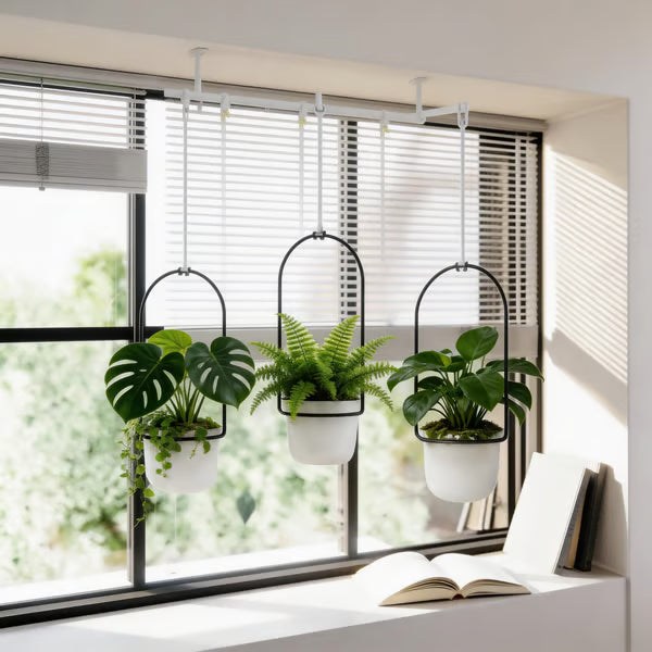 🌿Adjustable Hanging Window Planter Set – Metal Rod Plant Hanger with 3 Pots for Indoor & Outdoor Green Display