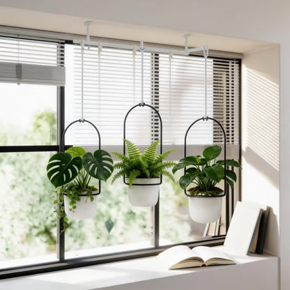 🌿Adjustable Hanging Window Planter Set – Metal Rod Plant Hanger with 3 Pots for Indoor & Outdoor Green Display