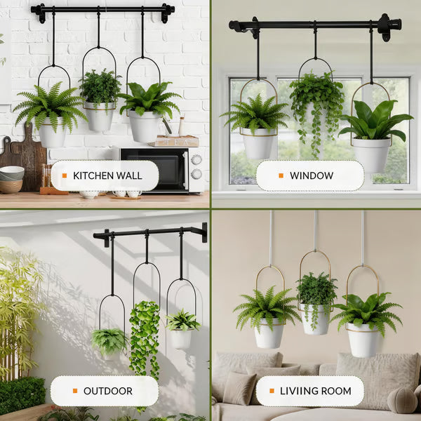 🌿Adjustable Hanging Window Planter Set – Metal Rod Plant Hanger with 3 Pots for Indoor & Outdoor Green Display
